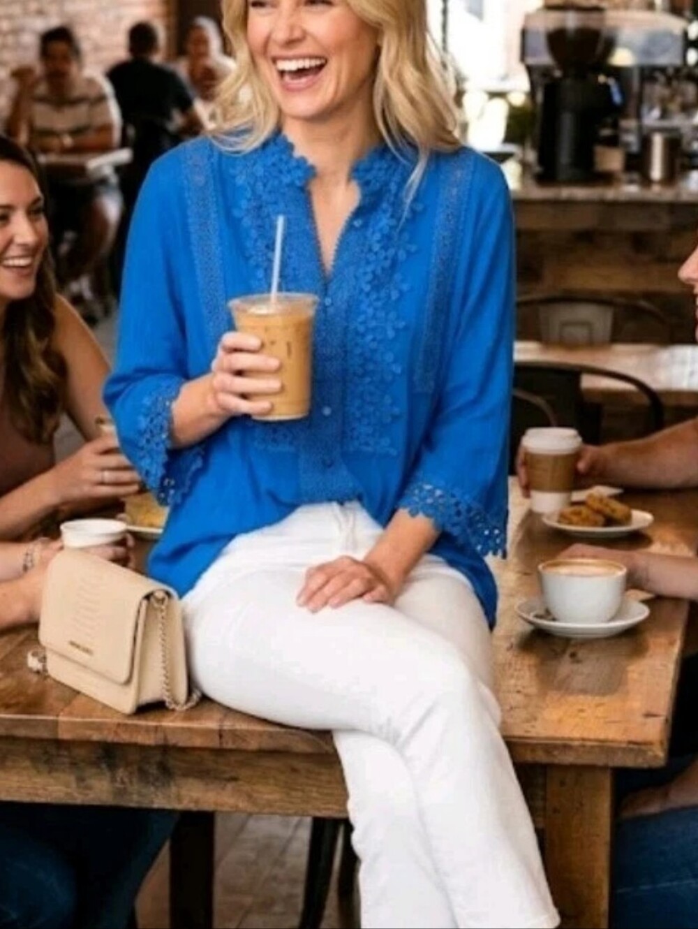 Thomas & Olivia Embroidered Floral Lace Royal Blue Tunic Top